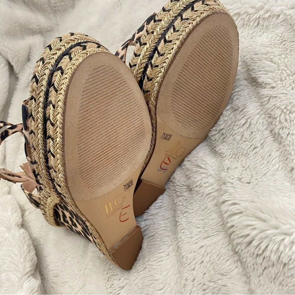 Jennifer Lopez JLo Leopard Print Tan Black Wedge Sandals Ankle Strap Size 7.5 - Picture 14 of 16